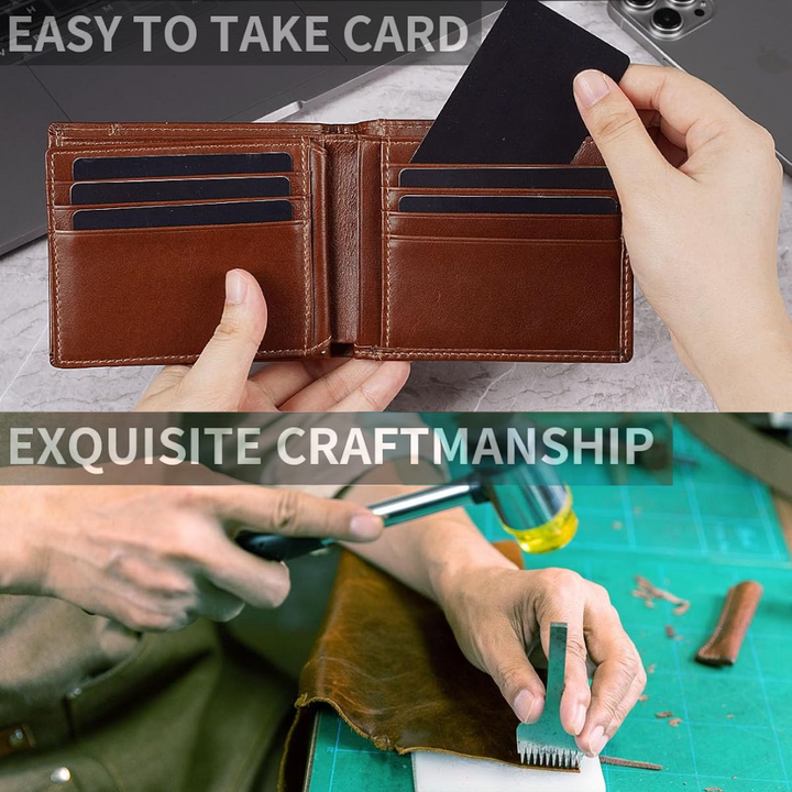 Inside view of an empty men's bifold wallet, highlighting card slots and RFID protection.