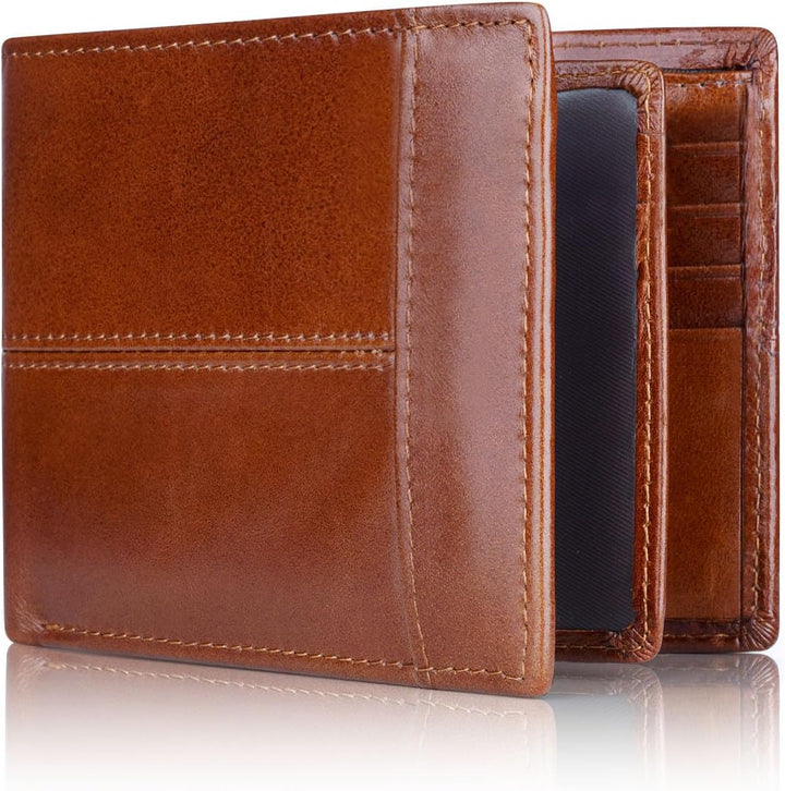 Slim black leather men's wallet, bifold design, featuring RFID protection for cards.