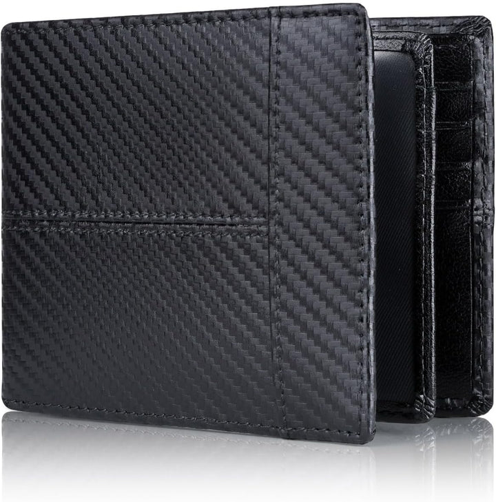 Opened tan leather bifold wallet showing multiple card slots and an ID window, RFID blocking.