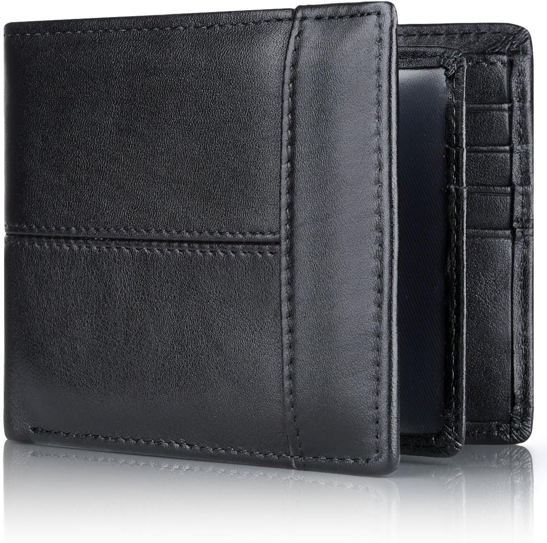 Classic men's leather bifold wallet with subtle stitching, RFID protected and slim profile.