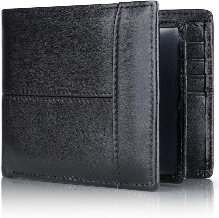 Classic men's leather bifold wallet with subtle stitching, RFID protected and slim profile.