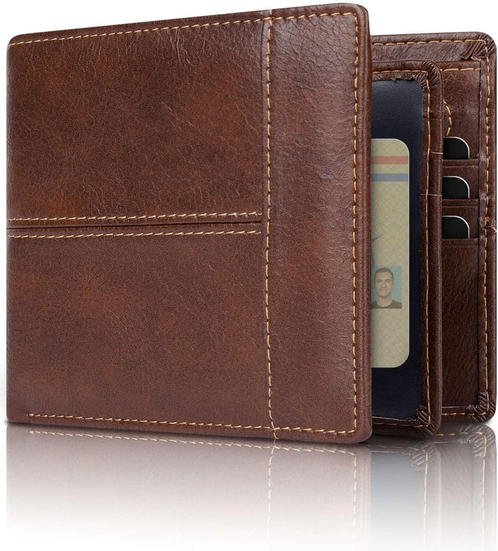 Dark brown men's bifold wallet, premium leather texture, ideal for everyday card and cash security.