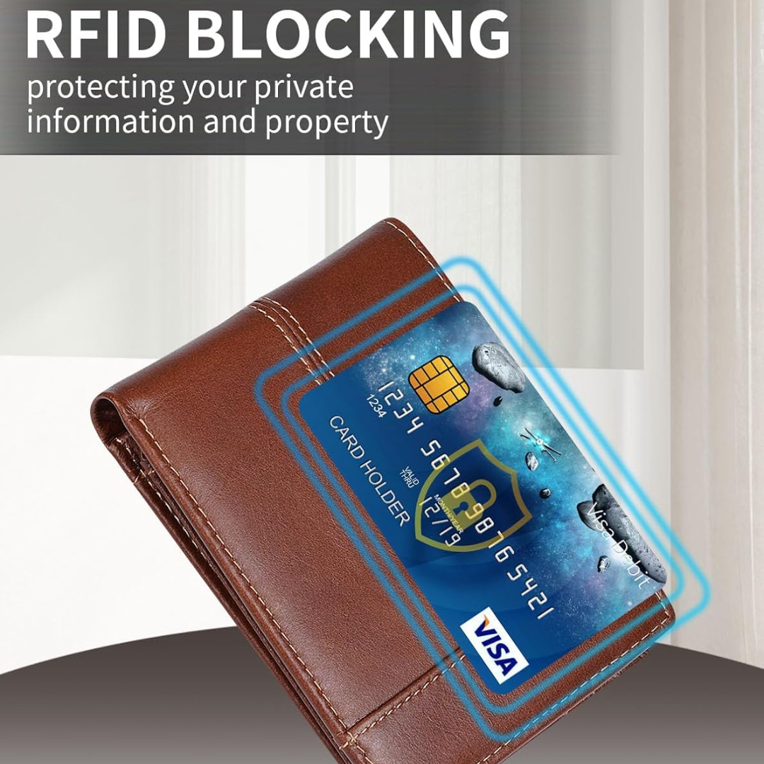 Elegant gray leather bifold wallet for men, RFID blocking, compact and stylish design.