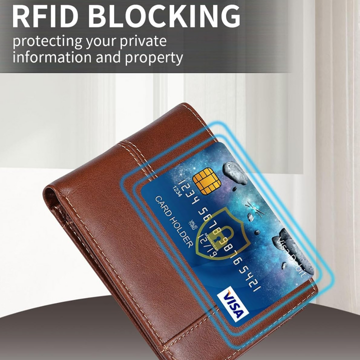 Elegant gray leather bifold wallet for men, RFID blocking, compact and stylish design.