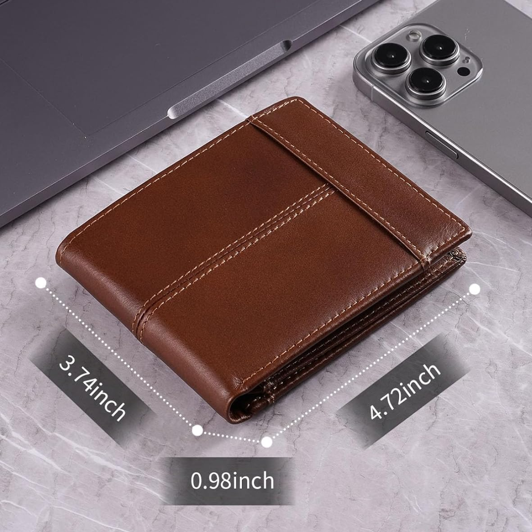 Close-up of a men's bifold leather wallet showcasing its fine grain and RFID security feature.