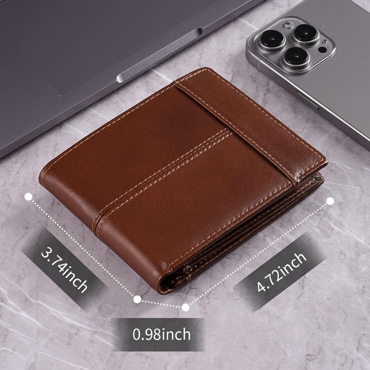 Close-up of a men's bifold leather wallet showcasing its fine grain and RFID security feature.