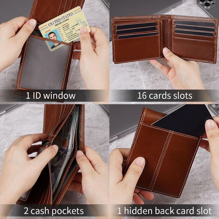 Men's leather card holder bifold wallet, RFID blocking technology for data protection.