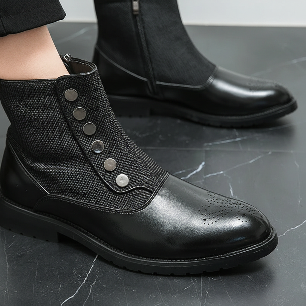 Close-up of men's premium leather boots, showcasing detailed stitching and high-quality material.