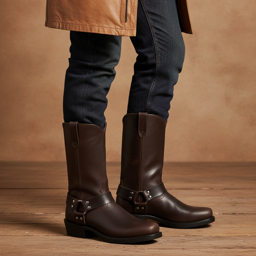 Men's premium brown leather western boots, classic cowboy style with durable stitching
