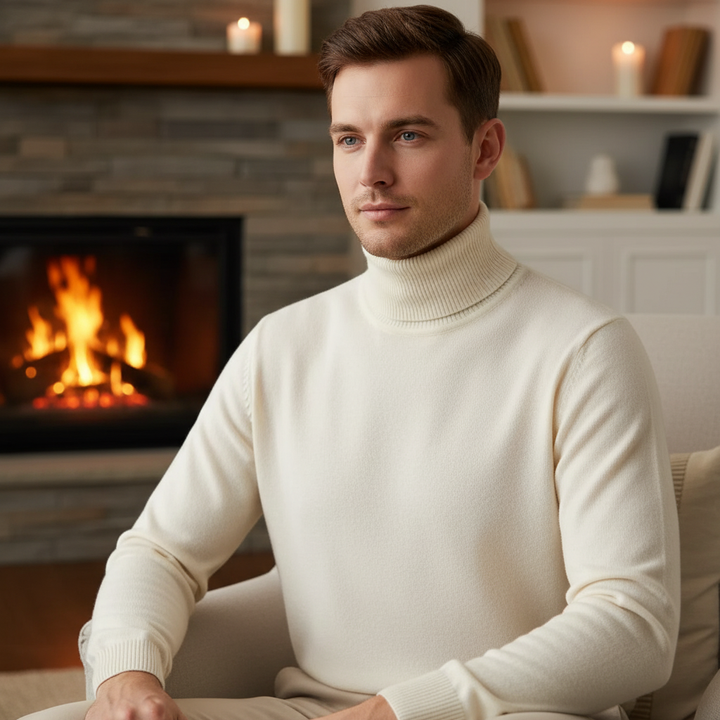 Men's Premium Cashmere Blend Turtleneck Sweater in classic black, perfect for elegant winter fashion