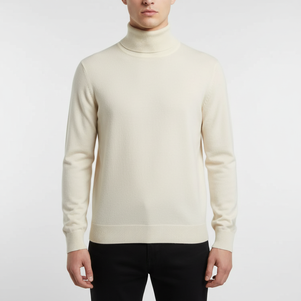 Close-up of a cozy men's cashmere blend turtleneck sweater fabric, highlighting its premium texture