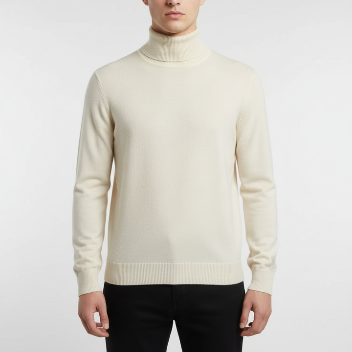 Close-up of a cozy men's cashmere blend turtleneck sweater fabric, highlighting its premium texture