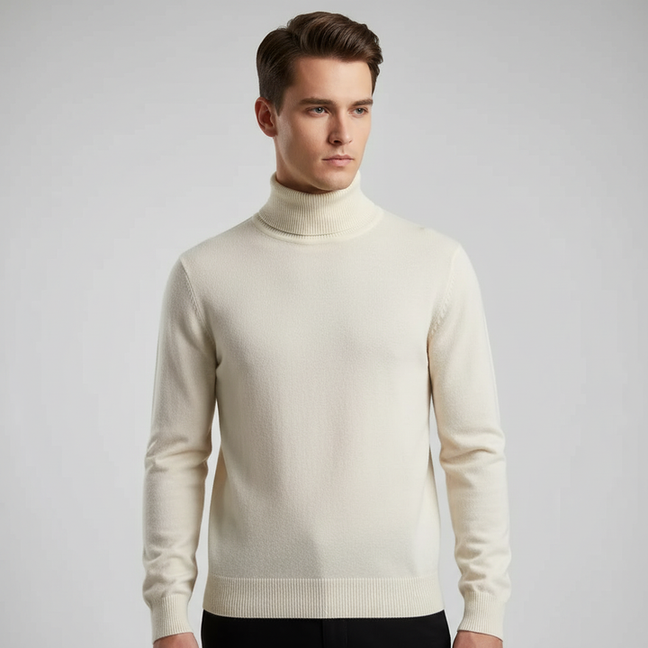 Elegant men's turtleneck sweater in a rich navy color, showcasing its comfortable fit and design
