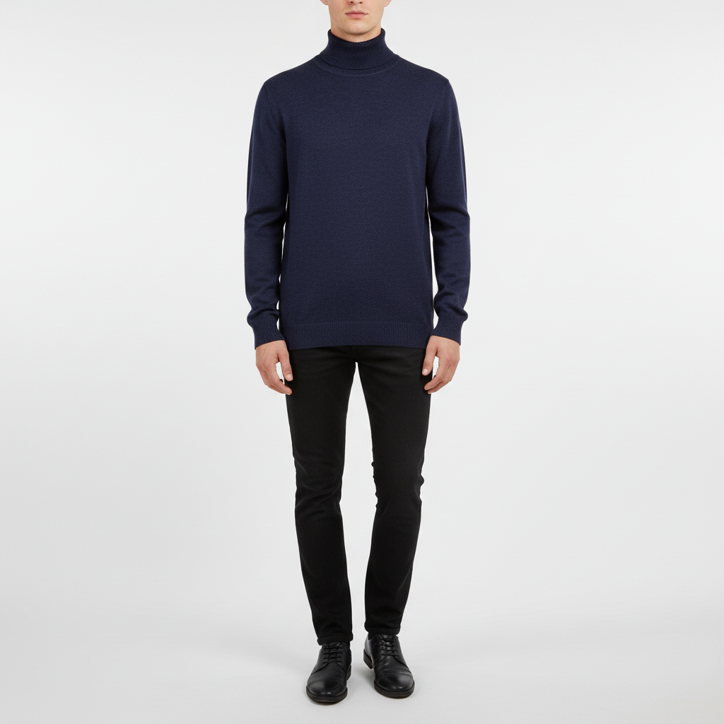 Side profile of a men's cashmere blend turtleneck sweater, emphasizing its tailored, elegant cut