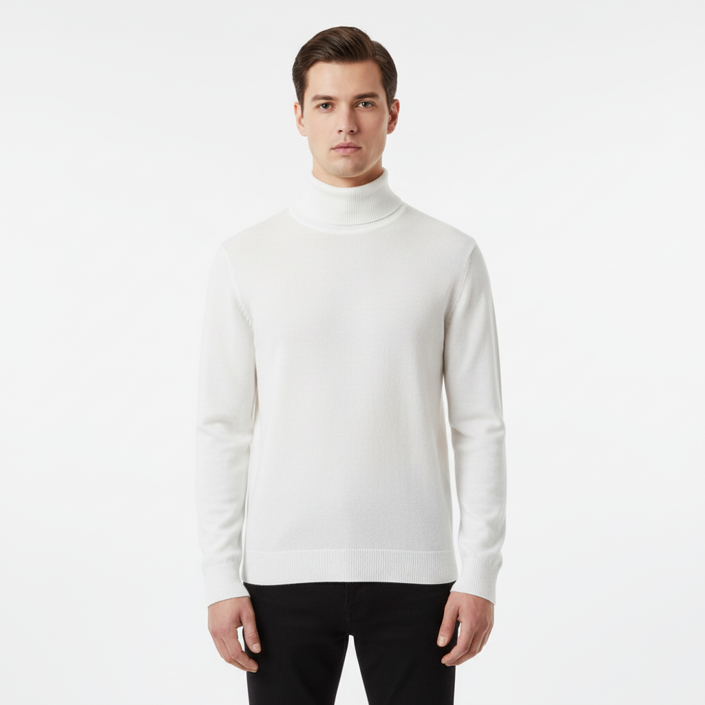 Men's autumn fashion: a light grey cashmere blend turtleneck sweater paired with dark trousers