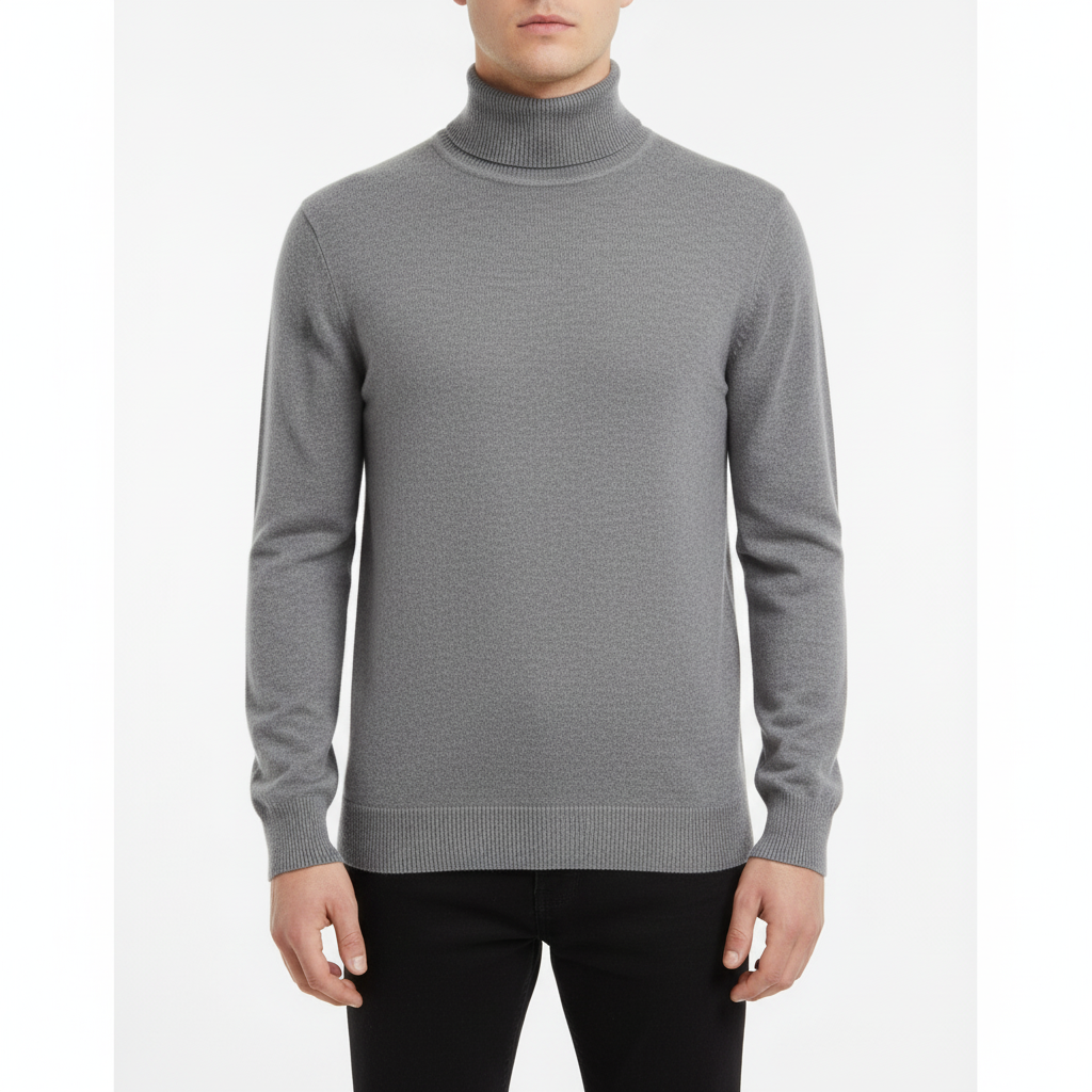 Detailed view of the cuffs and hem of a men's premium cashmere blend turtleneck sweater