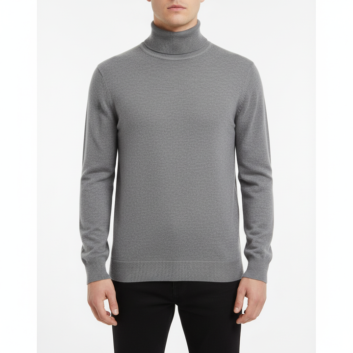 Detailed view of the cuffs and hem of a men's premium cashmere blend turtleneck sweater