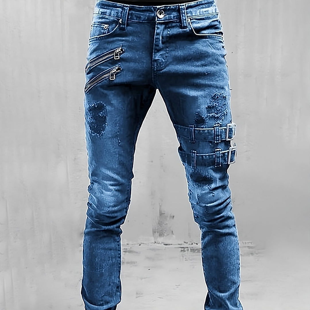 Men's Premium Comfort-Fit EliteDenim jeans, perfect for urban style & everyday wear. Classic blue denim wash.