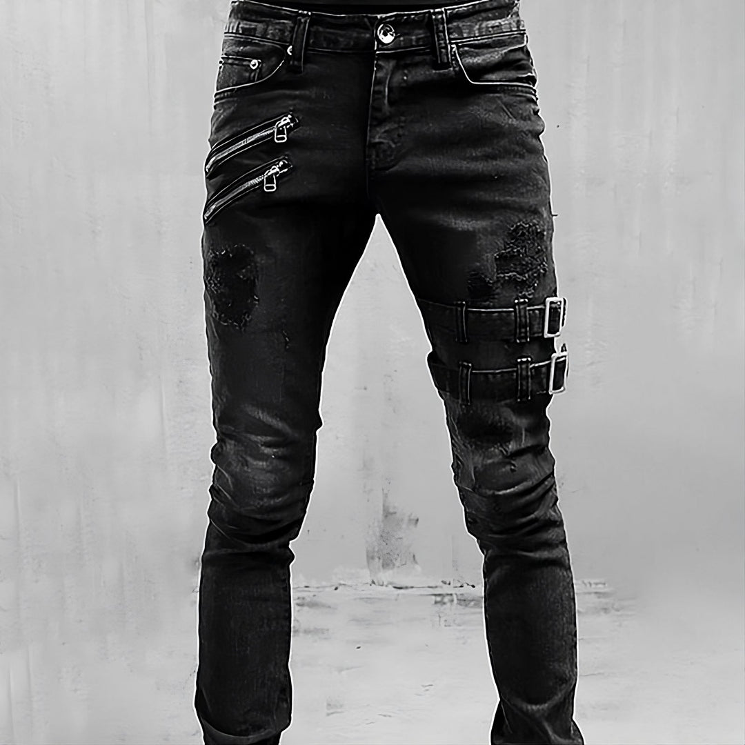 Close-up of premium EliteDenim men's comfort-fit jeans, highlighting fabric texture & durable stitching for urban style.