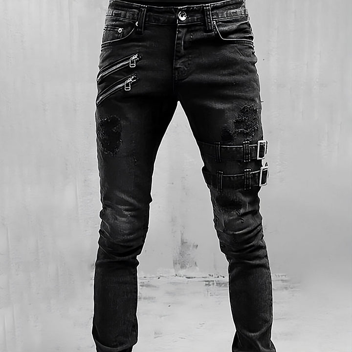 Close-up of premium EliteDenim men's comfort-fit jeans, highlighting fabric texture & durable stitching for urban style.