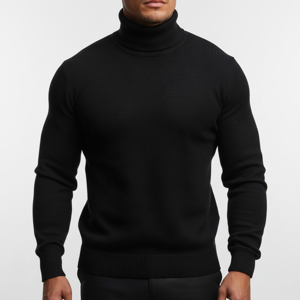 Casual men's long-sleeve cotton rollneck pullover in formal wear, perfect for cold weather