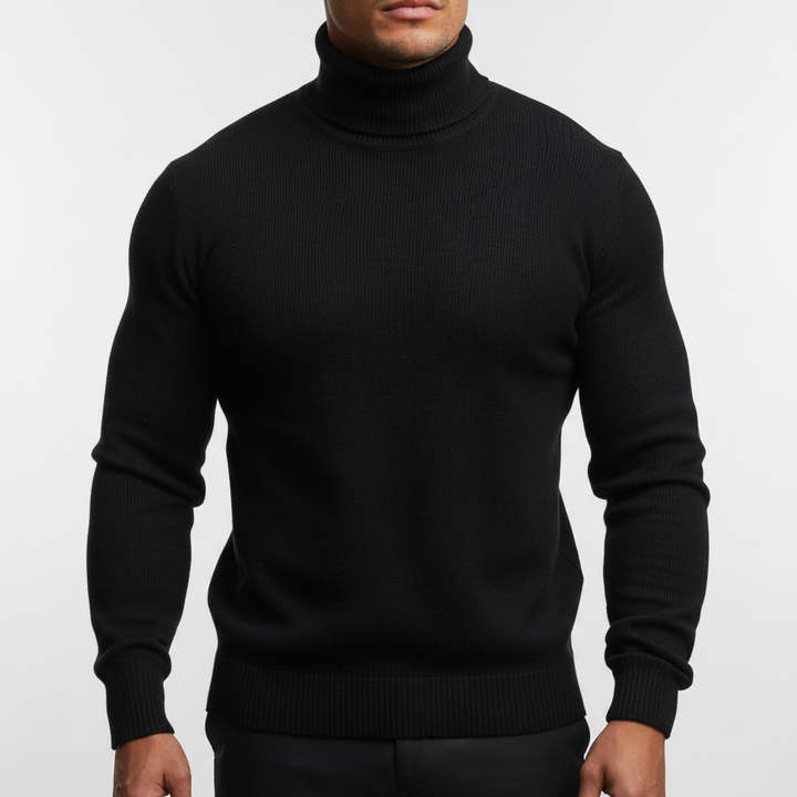 Casual men's long-sleeve cotton rollneck pullover in formal wear, perfect for cold weather