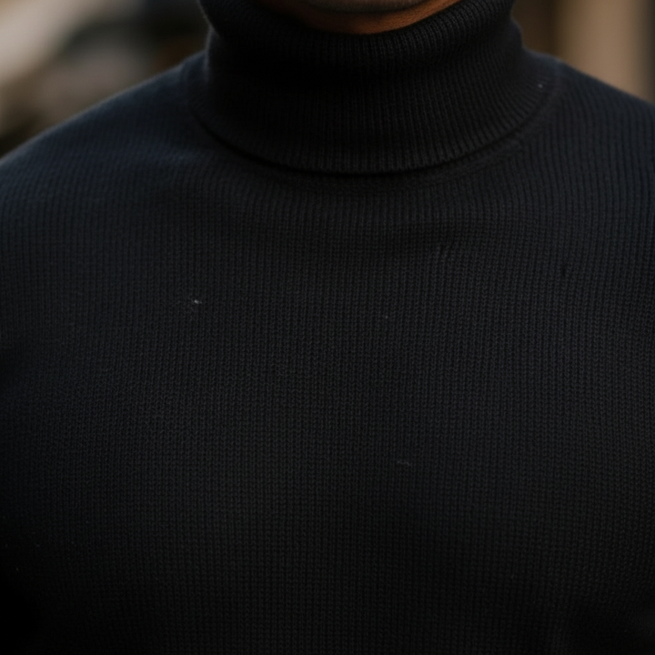 Close-up of a Jörg men's roll neck sweater, showing the premium cotton knitwear texture