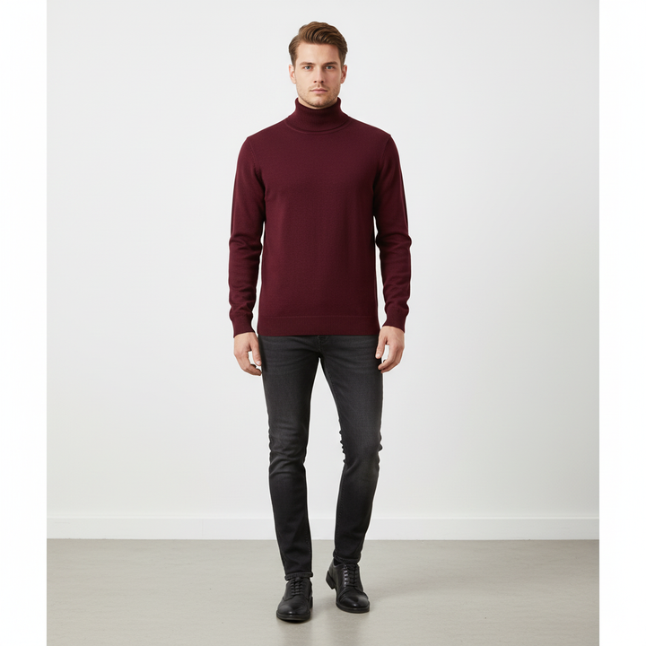 Detail of the roll neck on a Jörg men's premium cotton sweater, highlighting quality knitwear