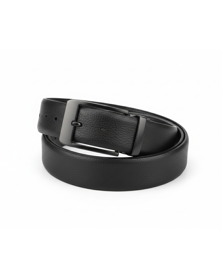 Men's premium cowhide leather belt with a shiny polished buckle, perfect for classic menswear.