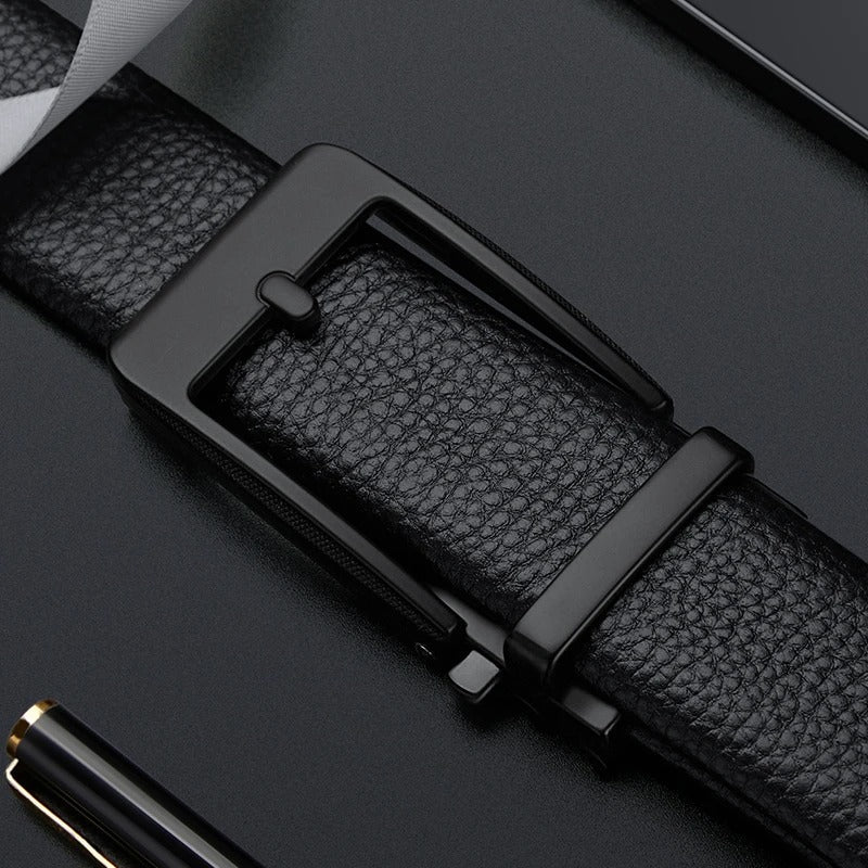 Premium men's cowhide leather belt with a polished metal buckle, a timeless menswear accessory.