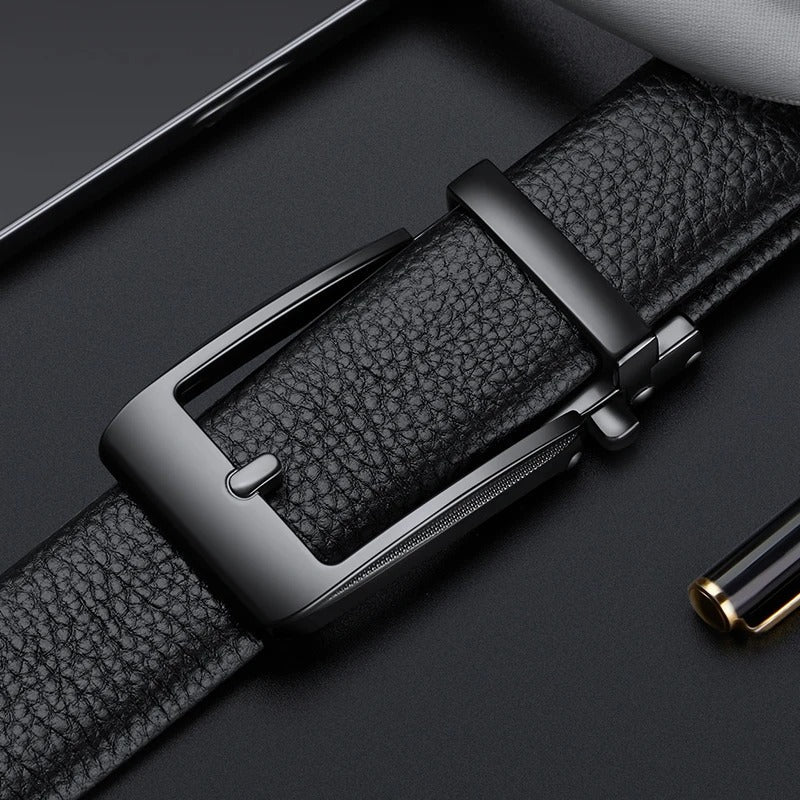 High-quality men's leather belt crafted from durable cowhide, featuring a sleek polished buckle.