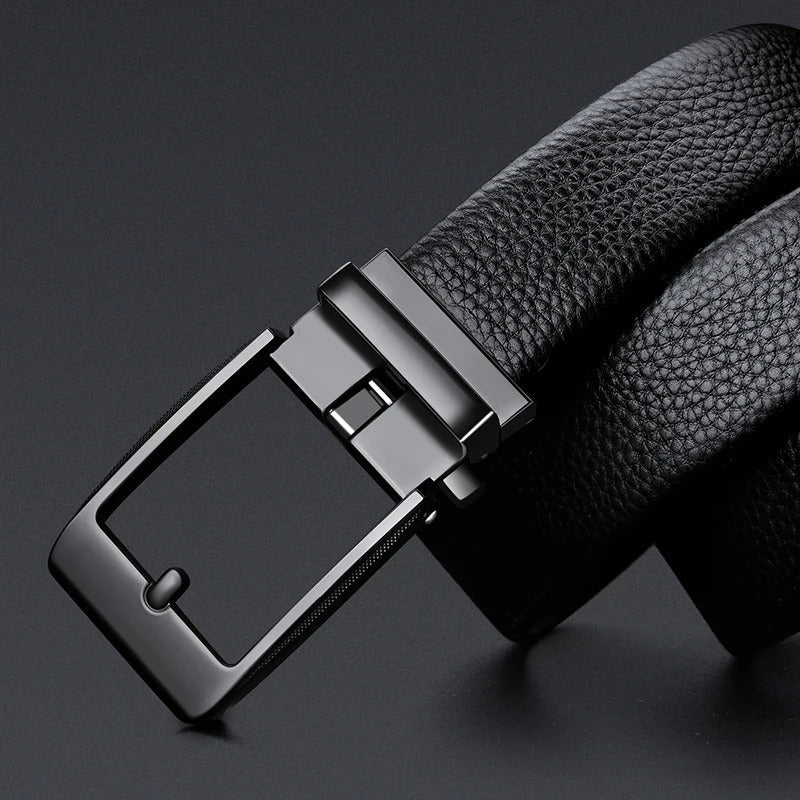 Durable men's cowhide leather belt showcasing a polished silver buckle, ideal for classic styles.