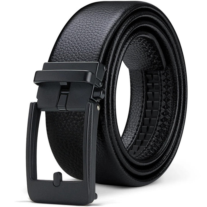Elegant men's cowhide leather belt with a highly polished buckle, a durable and classic accessory.