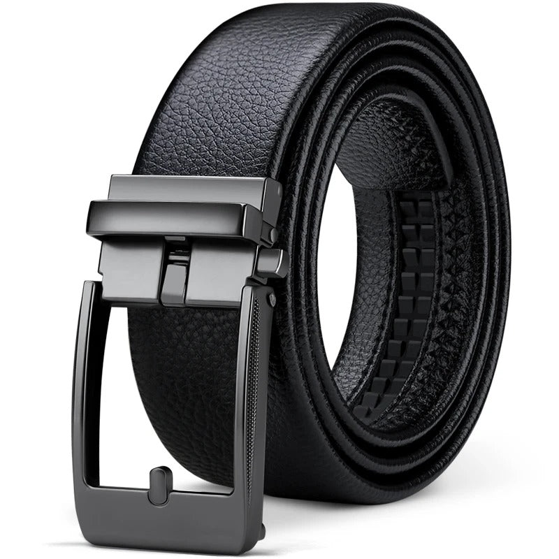 Classic menswear essential: a durable men's cowhide leather belt with a gleaming polished buckle.