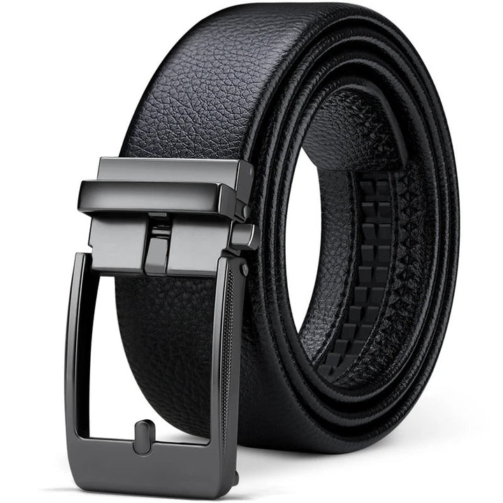 Classic menswear essential: a durable men's cowhide leather belt with a gleaming polished buckle.