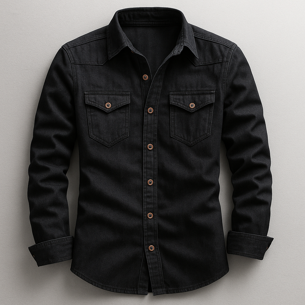 Stylish men's premium denim style shirt, a long sleeve button-up with a tailored fit for a modern casual look.