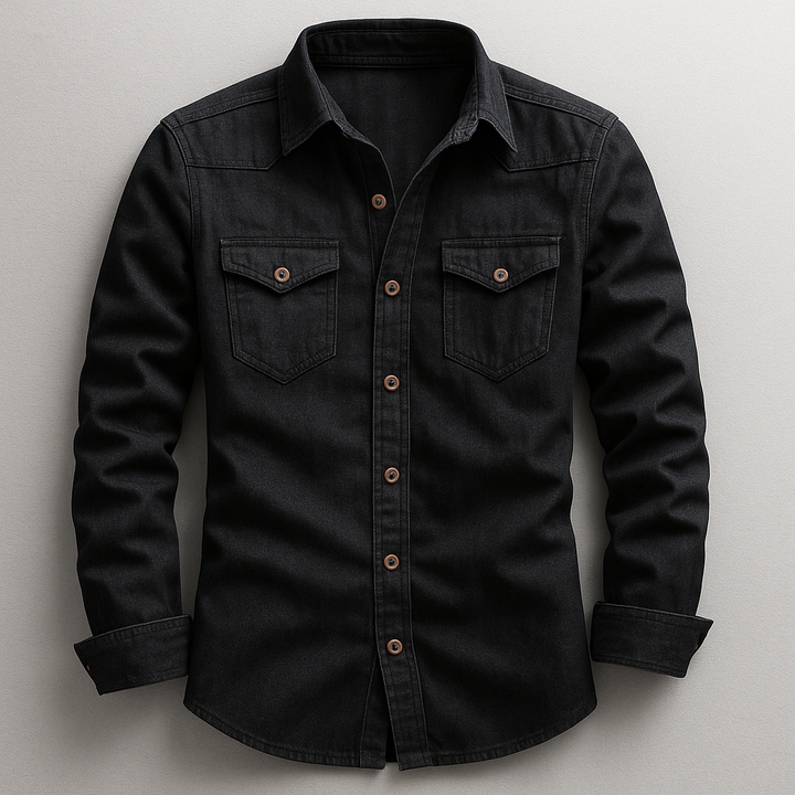 Stylish men's premium denim style shirt, a long sleeve button-up with a tailored fit for a modern casual look.