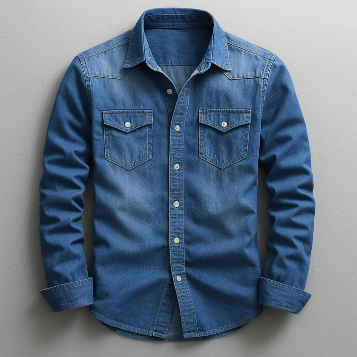 Premium men's denim style shirt, a long sleeve casual button-up offering tailored comfort for men's fashion.