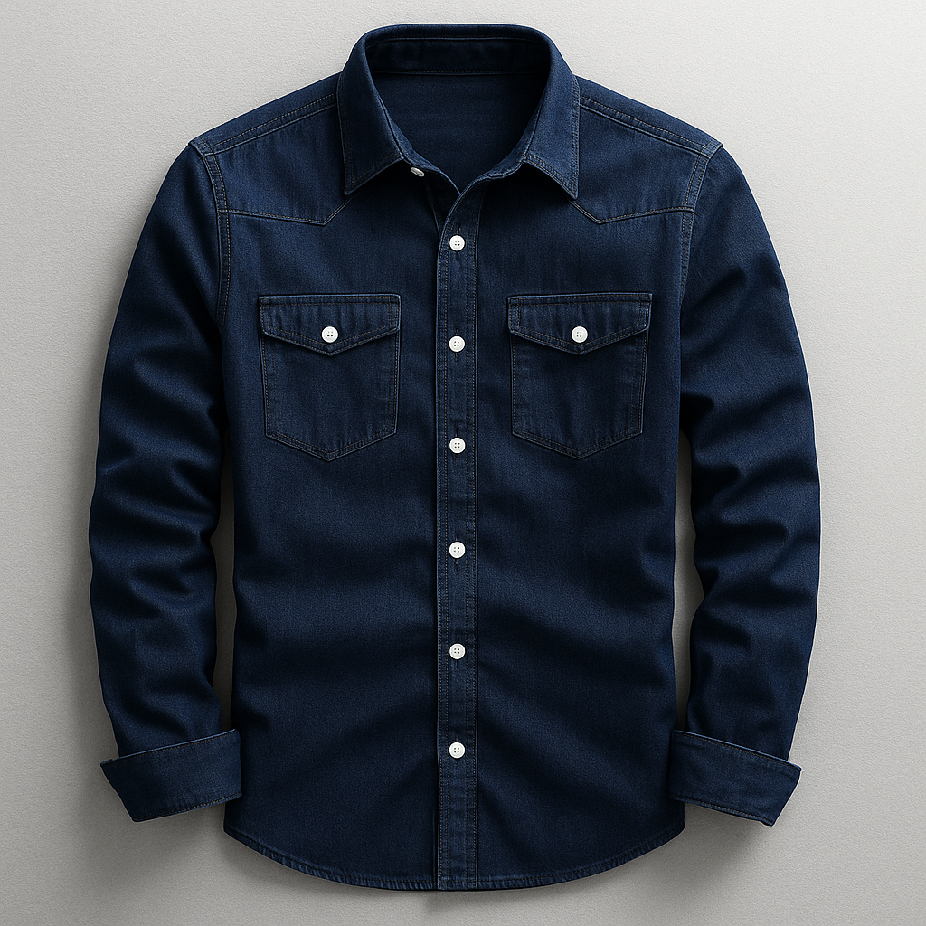 Modern men's casual long sleeve denim style shirt, a comfortable button-up with a versatile tailored fit.