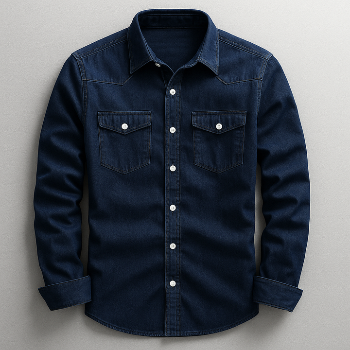 Modern men's casual long sleeve denim style shirt, a comfortable button-up with a versatile tailored fit.