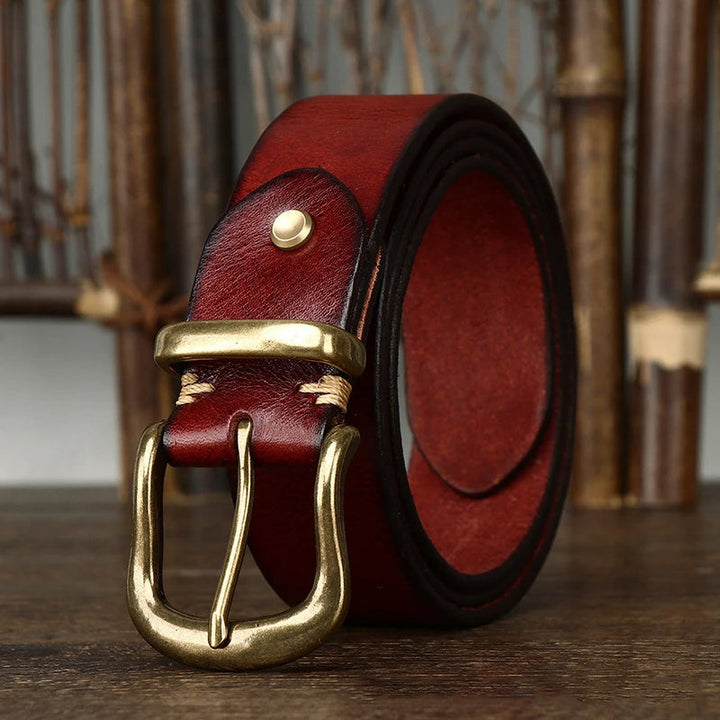 Rich texture of a men's full-grain leather belt, showcasing its premium quality & durable design.