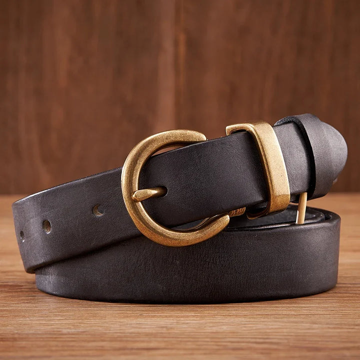 Classic men's full-grain leather belt with brass buckle, perfect for formal or casual outfits.
