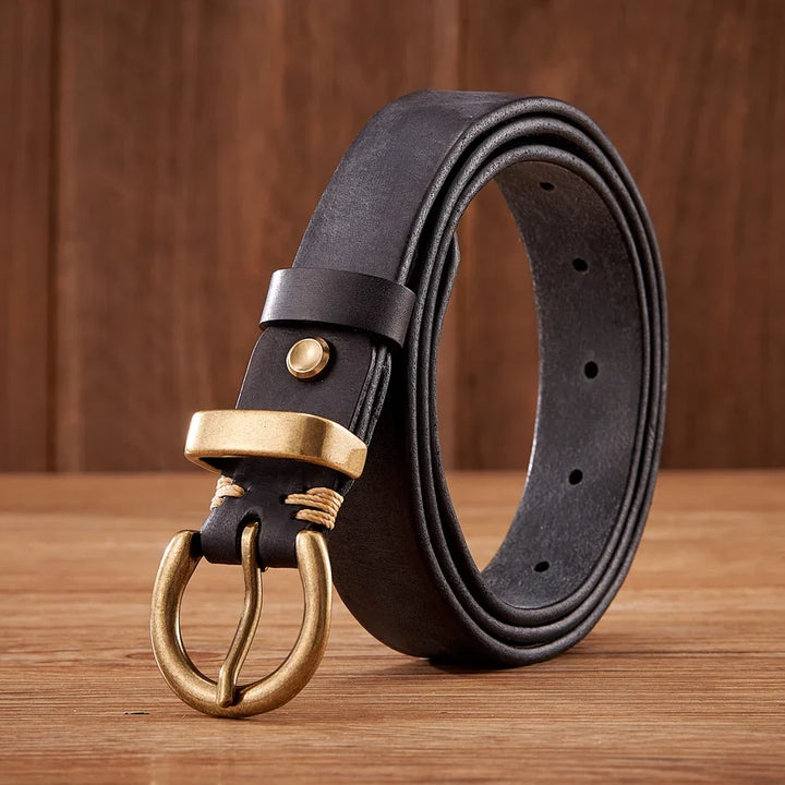 Handcrafted men's full-grain leather belt, durable cowhide, featuring a timeless brass buckle.