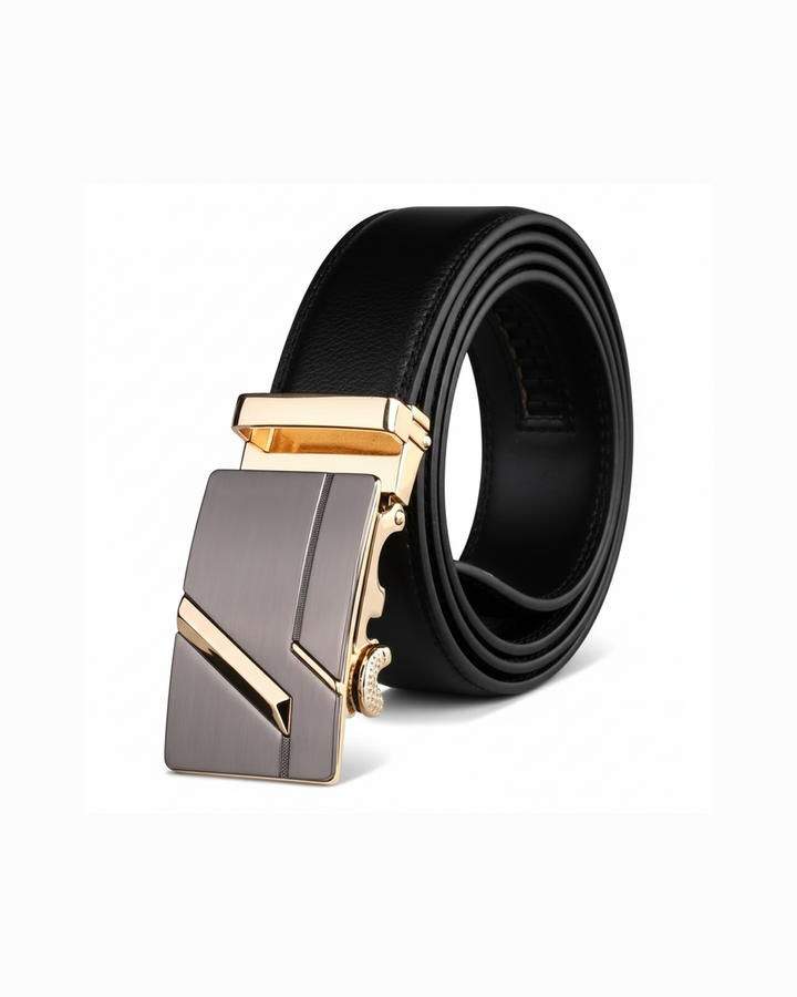 High-quality genuine leather men's belt. Features sleek automatic ratchet buckle for adjustable fit.