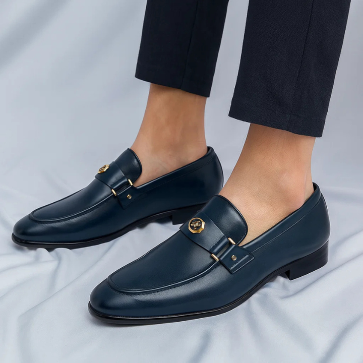 Elegant navy blue men's Italian loafers with polished finish, perfect as comfortable dress shoes or stylish everyday footwear.