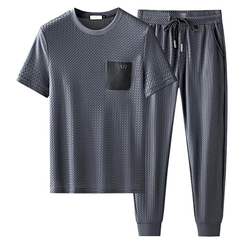 Men's premium jacquard lounge set: stylish, comfortable two-piece for relaxed home & leisure wear.