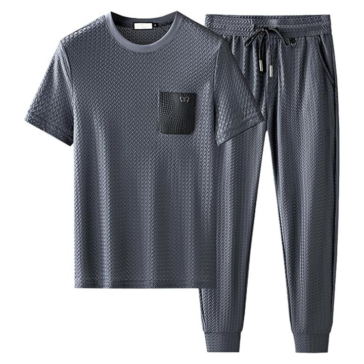 Men's premium jacquard lounge set: stylish, comfortable two-piece for relaxed home & leisure wear.