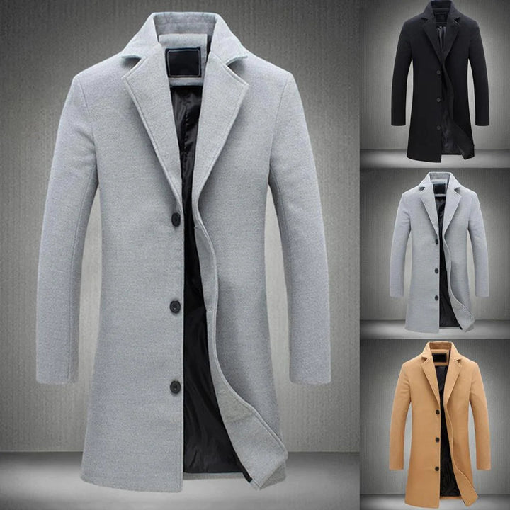 Men's warm long winter coat, Noah, for cold weather protection. Essential, stylish outerwear for men's winter fashion.