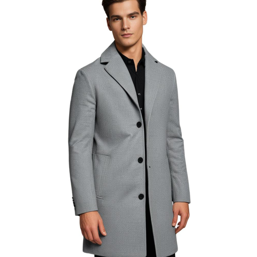 Modern classic men's long winter coat, Noah. Stylish, warm jacket for men's essential winter fashion.
