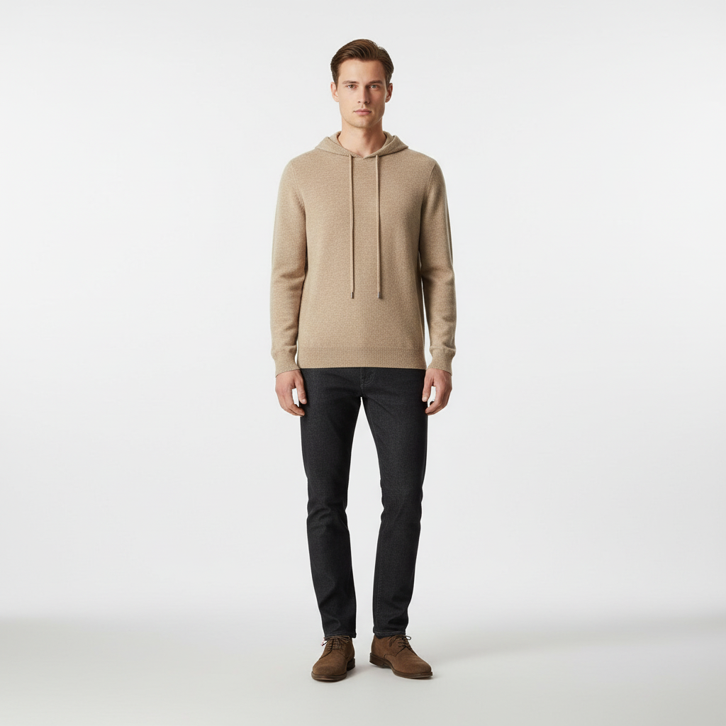 Close-up of a men's merino hoodie featuring breathable wool, ideal for sustainable and casual wear.